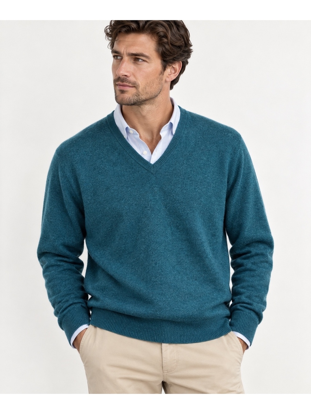 Club Room Men’s L 100% Cashmere Sweater Teal Blue V Neck Quiet Luxury Preppy